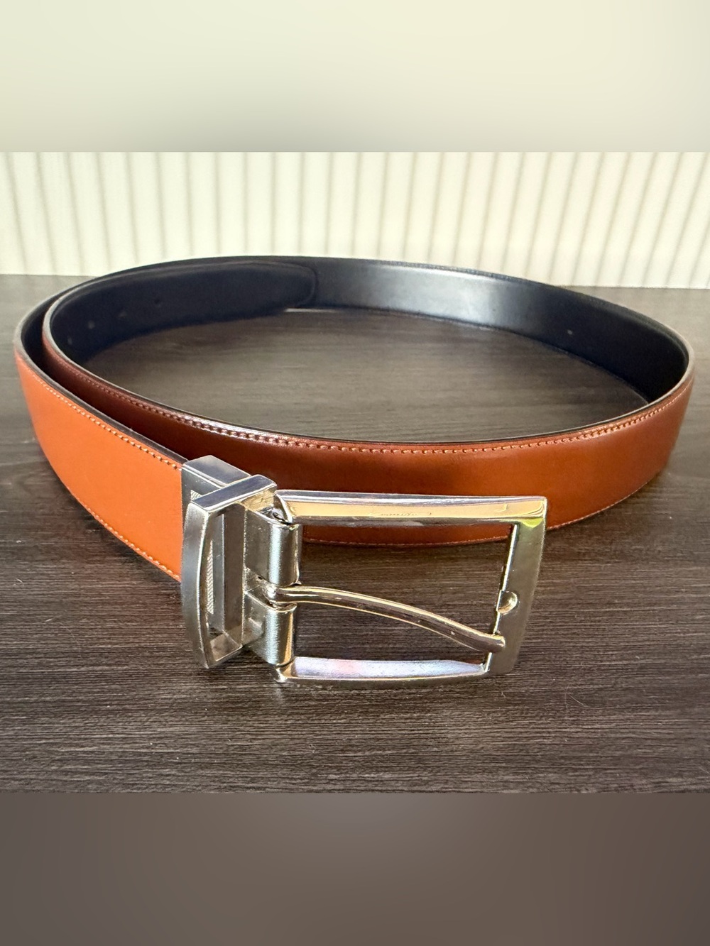 Men's Reversible Leather Dress Belt in Brown with Silver Buckle- Perry Ellis